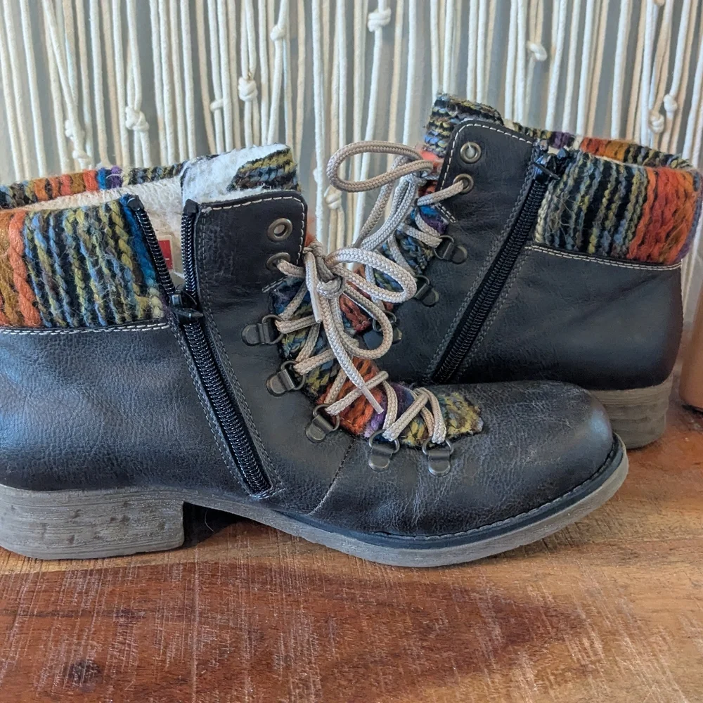 Rieker Black Leather Lace-Up Ankle Boots with Multi-Color Knit Cuff - Size 41